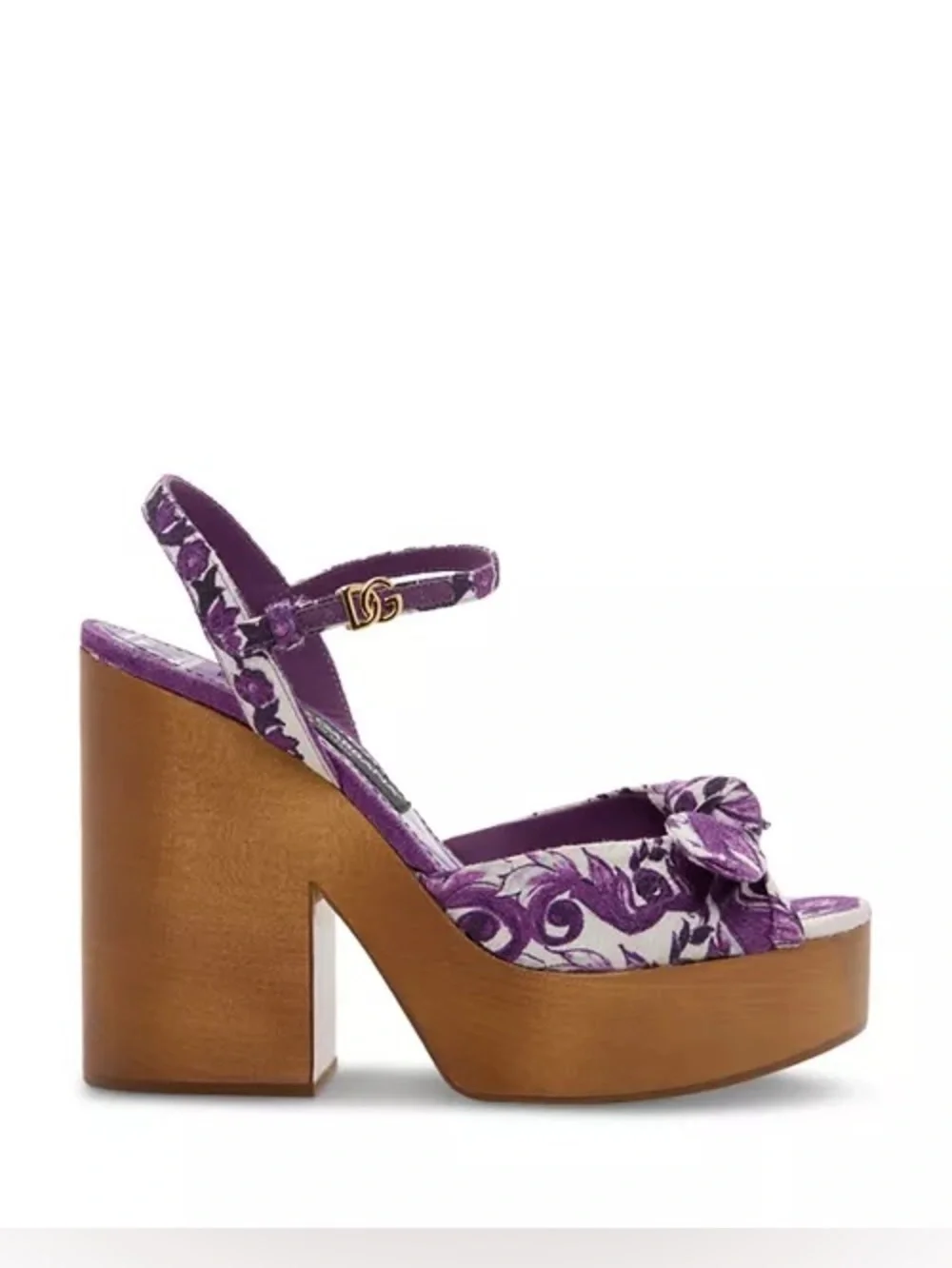 Dolce & Gabbana Purple Floral Platform Sandal with Wood Block Heel